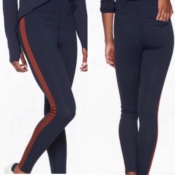 Athleta Women's Navy Track Tux Tight Brown Stripe Active Leggings Size XS Petite - Picture 1 of 10